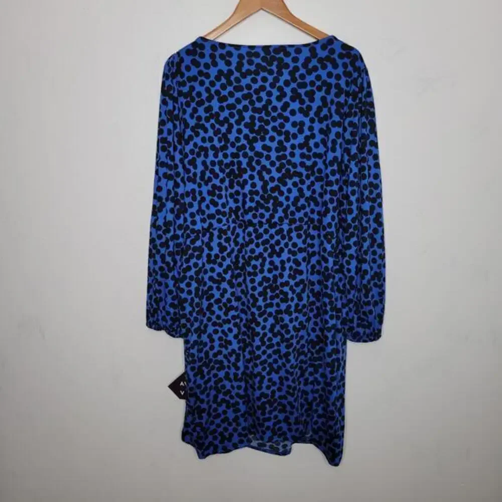 Ava Viv Women Faux‎ Wrap Dress Size 3X Balloon Sleeve Blue Black Stretchy Midi